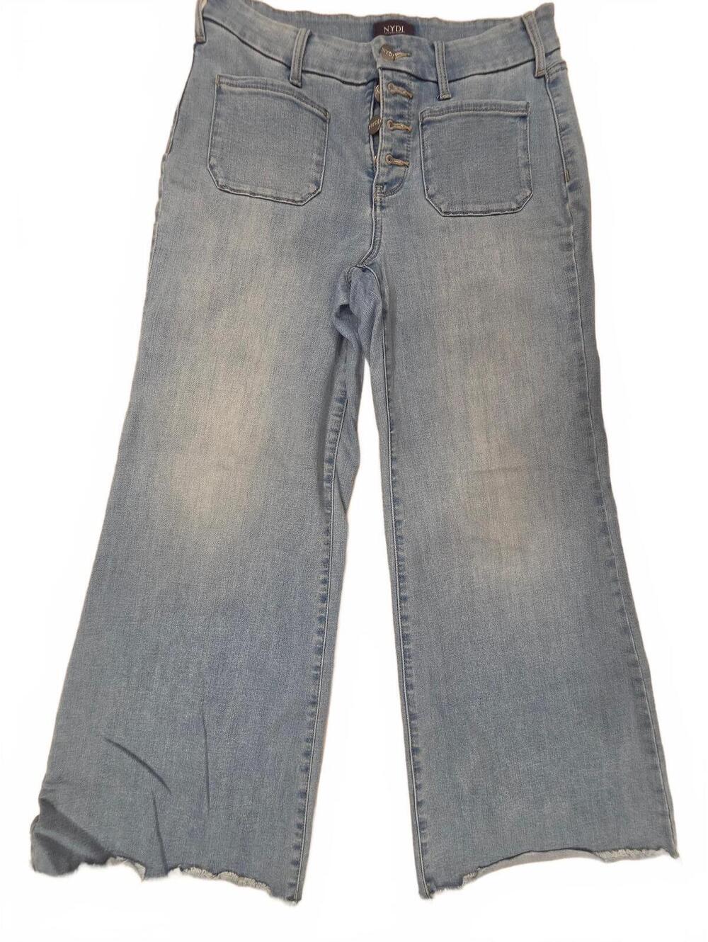 NYDJ High Rise Wide Leg Raw Hem Crop Jeans Light Wash Size 6 Button Fly